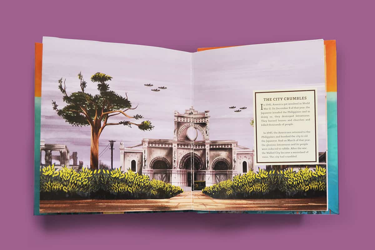 In lieu of a pop-up, the two spreads above contain a leaf which readers can flip back and forth to show changes in Intramuros' landscape after certain events.