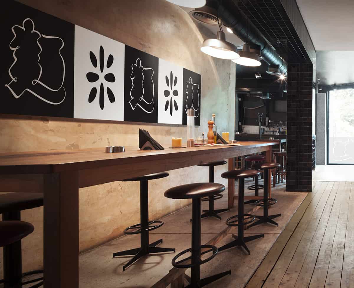 seamless panorama of restaurant bar interior made by tilt shift