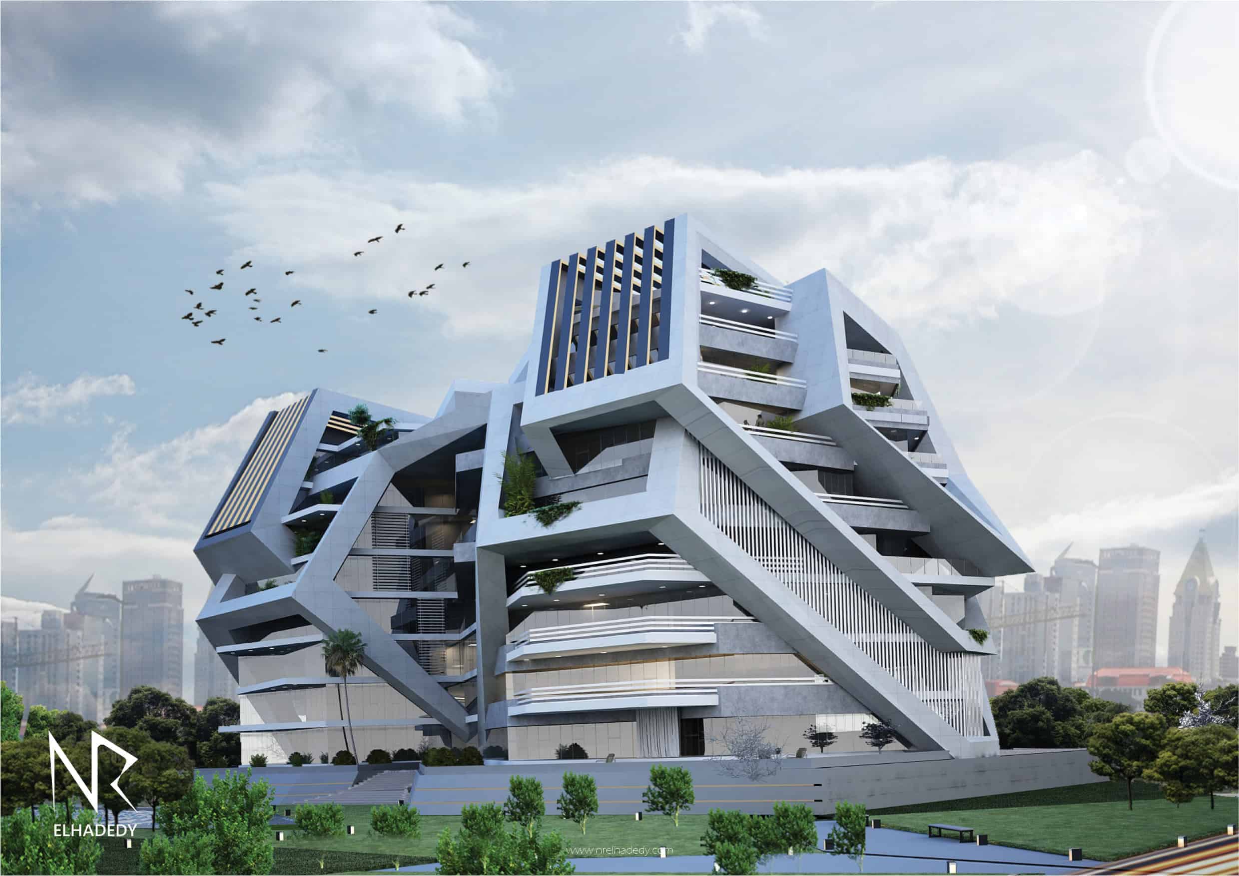 Высотное офисное здание. Современные здания в 3д. Панорама зданий. Signature towers заха хадид. City building design.